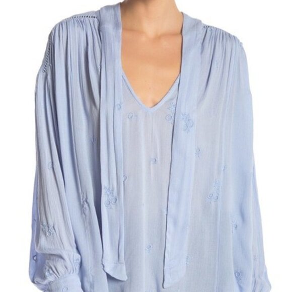 Free People Wishful Moments Tie Neck Blouse Blue Embroidered Long Sleeve Top S - Picture 15 of 16